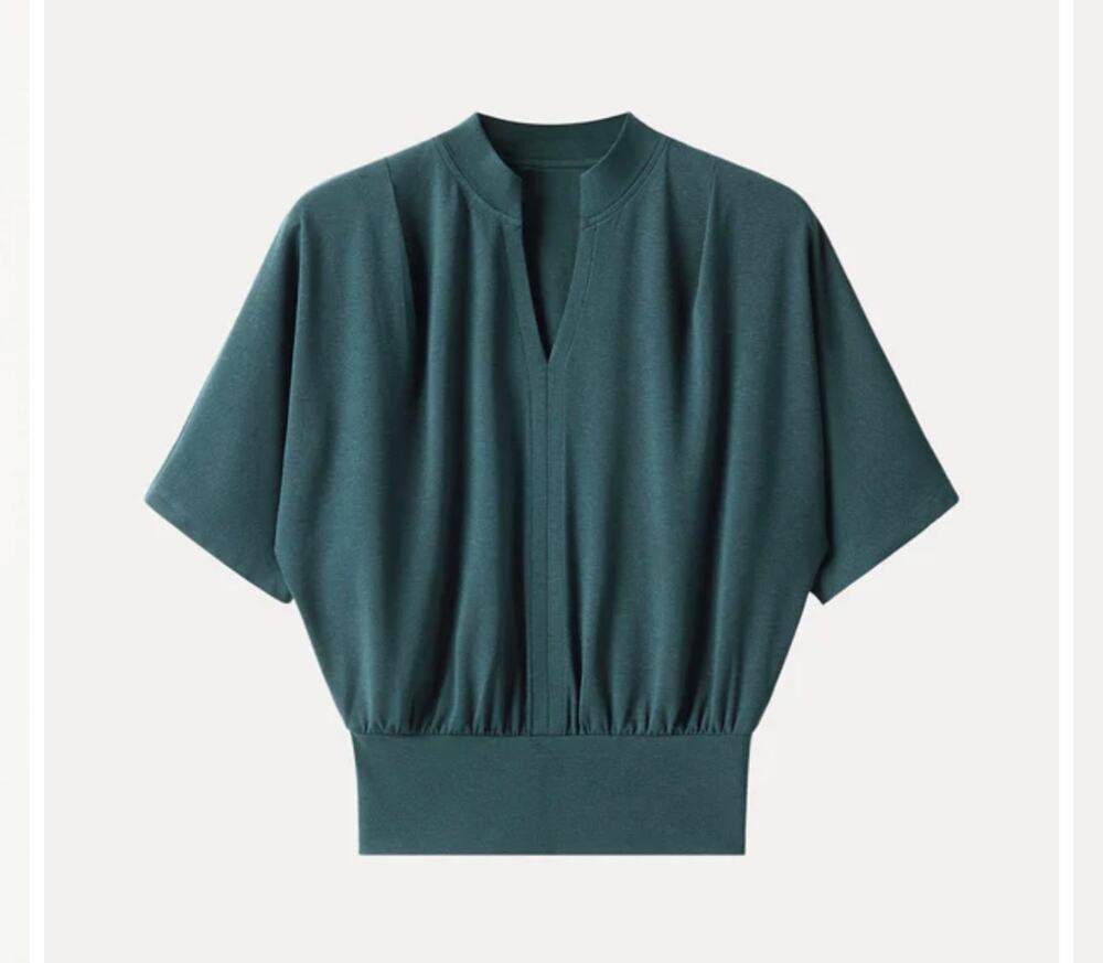 OGL Stand Collar V-Neck Short Sleeve Green Top Women's Size Large NEW